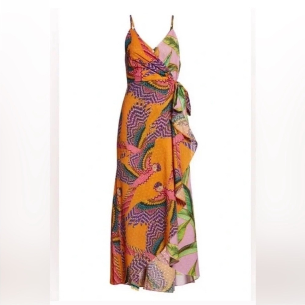 Farm Rio MIXED PRINTS MIDI WRAP DRESS  Sz MEDIUM BEADED MACAWS PINK FOLIAGE - Picture 6 of 15